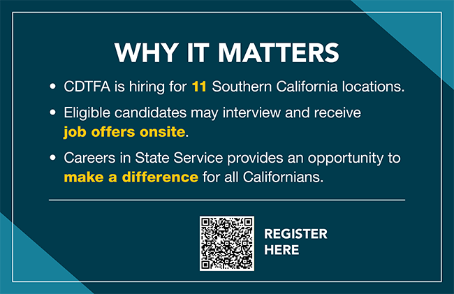 Graphic with the message, Why it Matters. CDTFA tax auditor hiring event to be held March 27-28 in Irvine, California.
