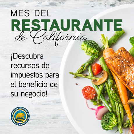 Vegetales y salmón en un plato con las palabras Mes del restaurante de California. ¡Descubra recursos de impuestos para el beneficio de su negocio!