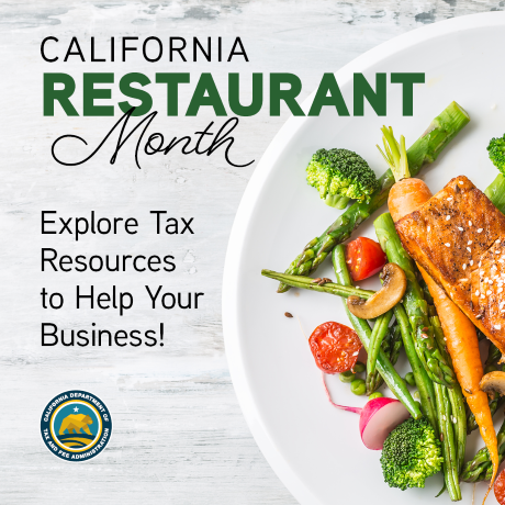 Vegetables and salmon on a plate with the words California Restaurant Month. Explore tax resources to help your business!