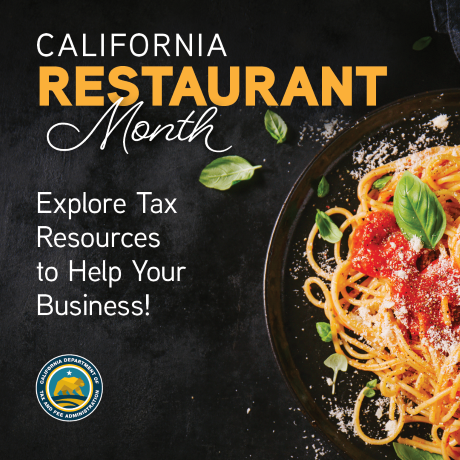 Spaghetti on a plate with the words California Restaurant Month. Explore tax resources to help your business! 