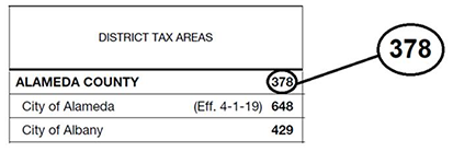 District Tax Areas with the current view Alameda 378 circled